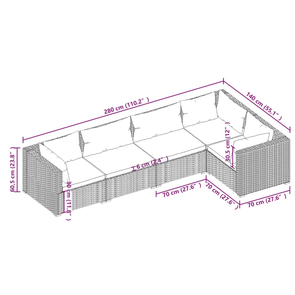 5 PCs Gartenmöbel mit schwarzen geflochtenen Harzkissen