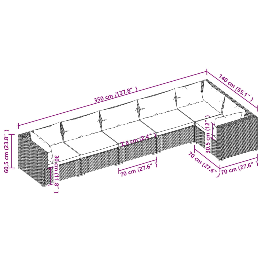 6 pcs garden furniture with brown braided resin cushions