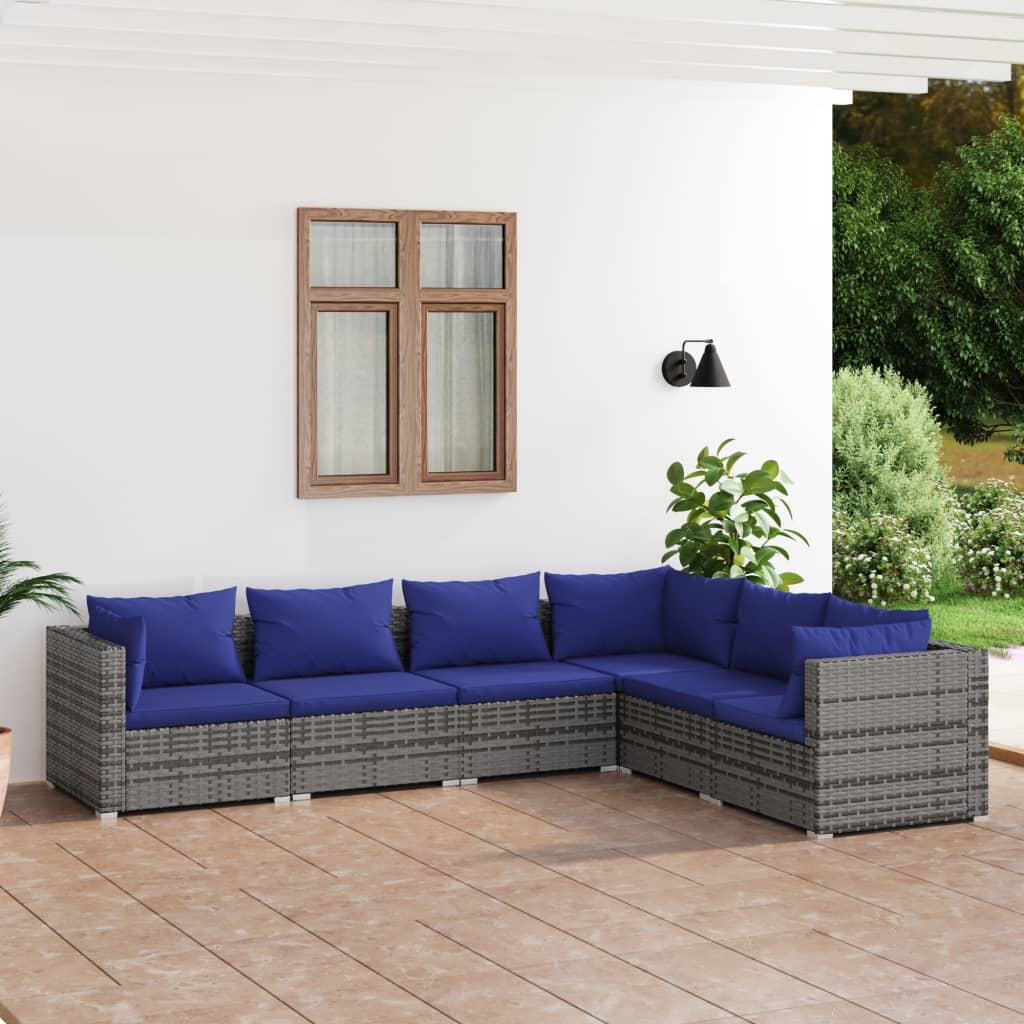 Salon de jardin 6 pcs avec coussins résine tressée gris