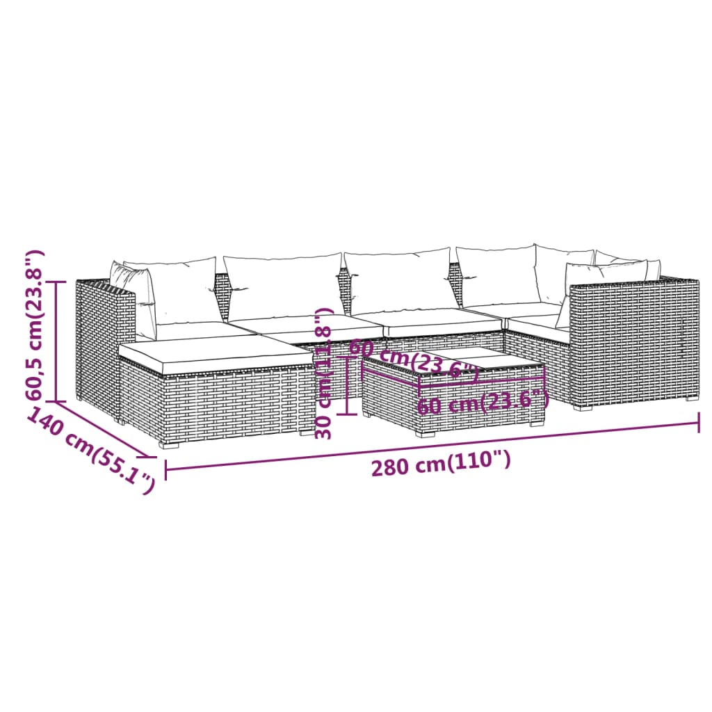 Mobili da giardino 7 pezzi con cuscini in vimini in resina marrone
