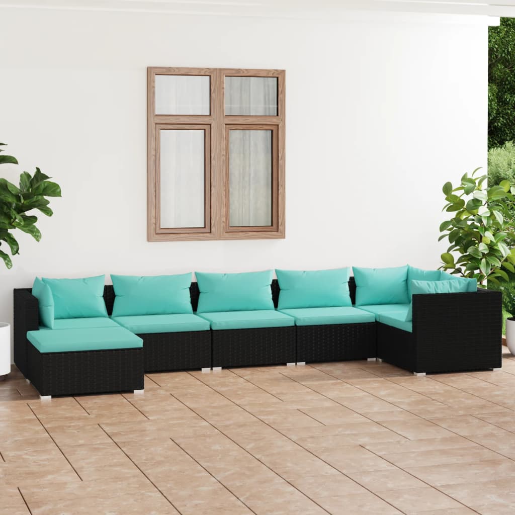 Garden furniture 7 pcs with black braided resin cushions