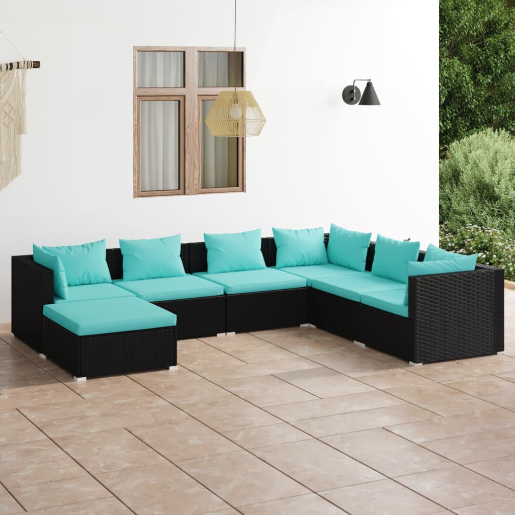 Salon de jardin 7 pcs avec coussins Résine tressée Noir