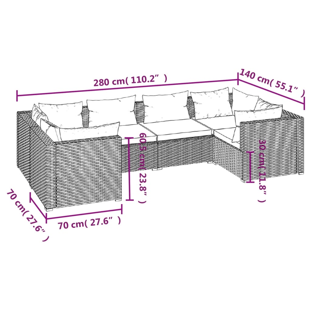 Salon de jardin 6 pcs avec coussins résine tressée gris