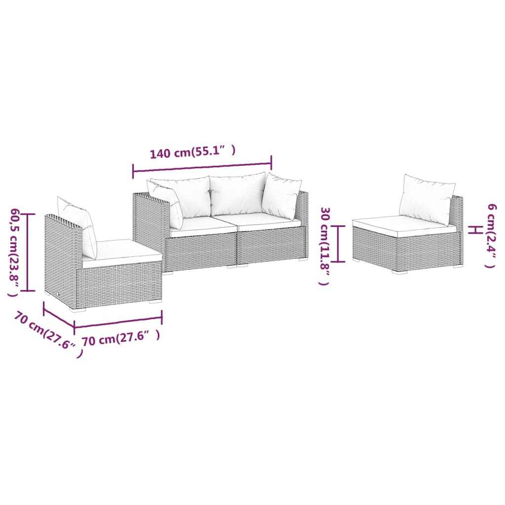 4 PCs Gartenmöbel mit schwarzen geflochtenen Harzkissen