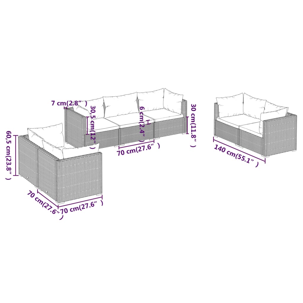 Garden furniture 7 pcs with gray braided resin cushions