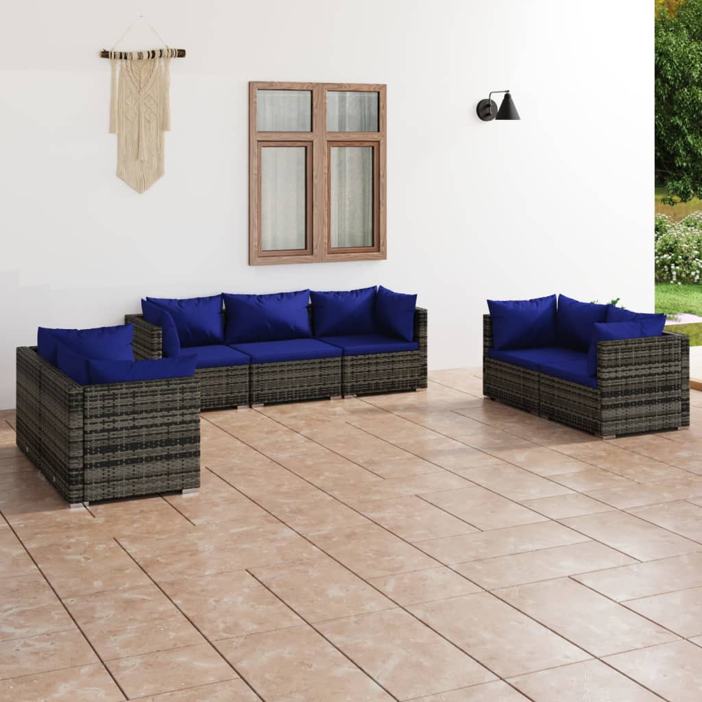 Salon de jardin 7 pcs avec coussins résine tressée gris