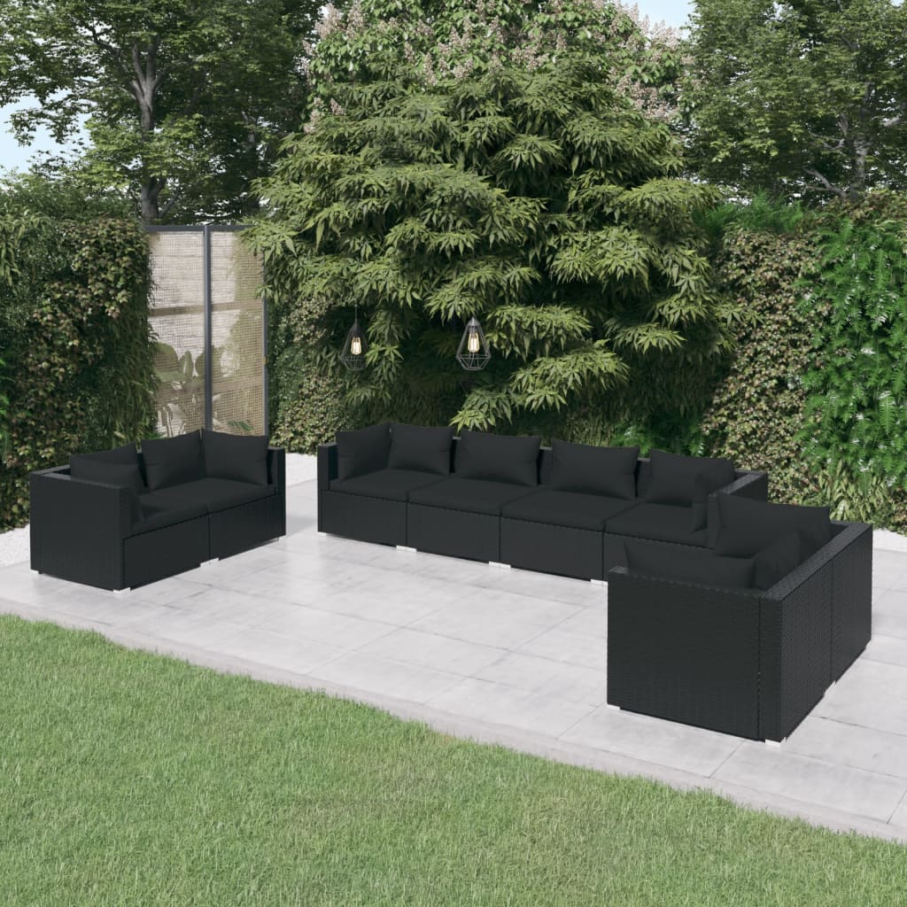 8 pcs garden furniture with black braided resin cushions