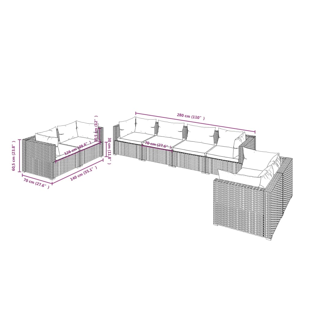 8 PCs Gartenmöbel mit schwarzen geflochtenen Harzkissen