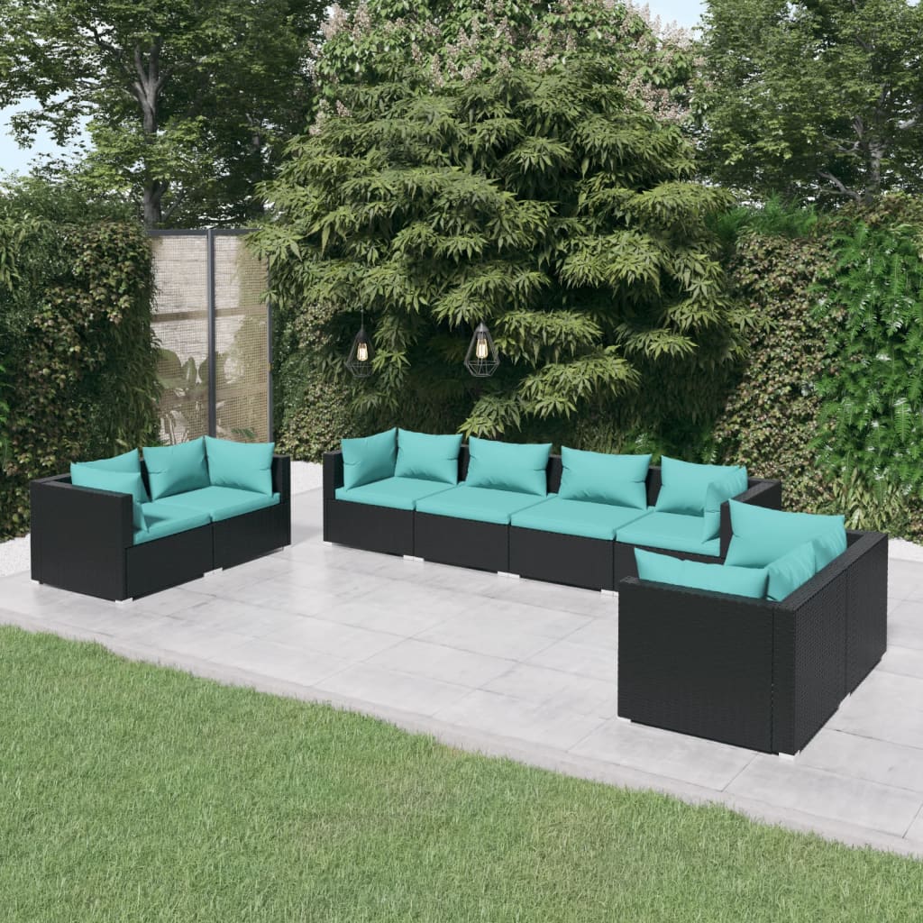 Salon de jardin 8 pcs avec coussins Résine tressée Noir