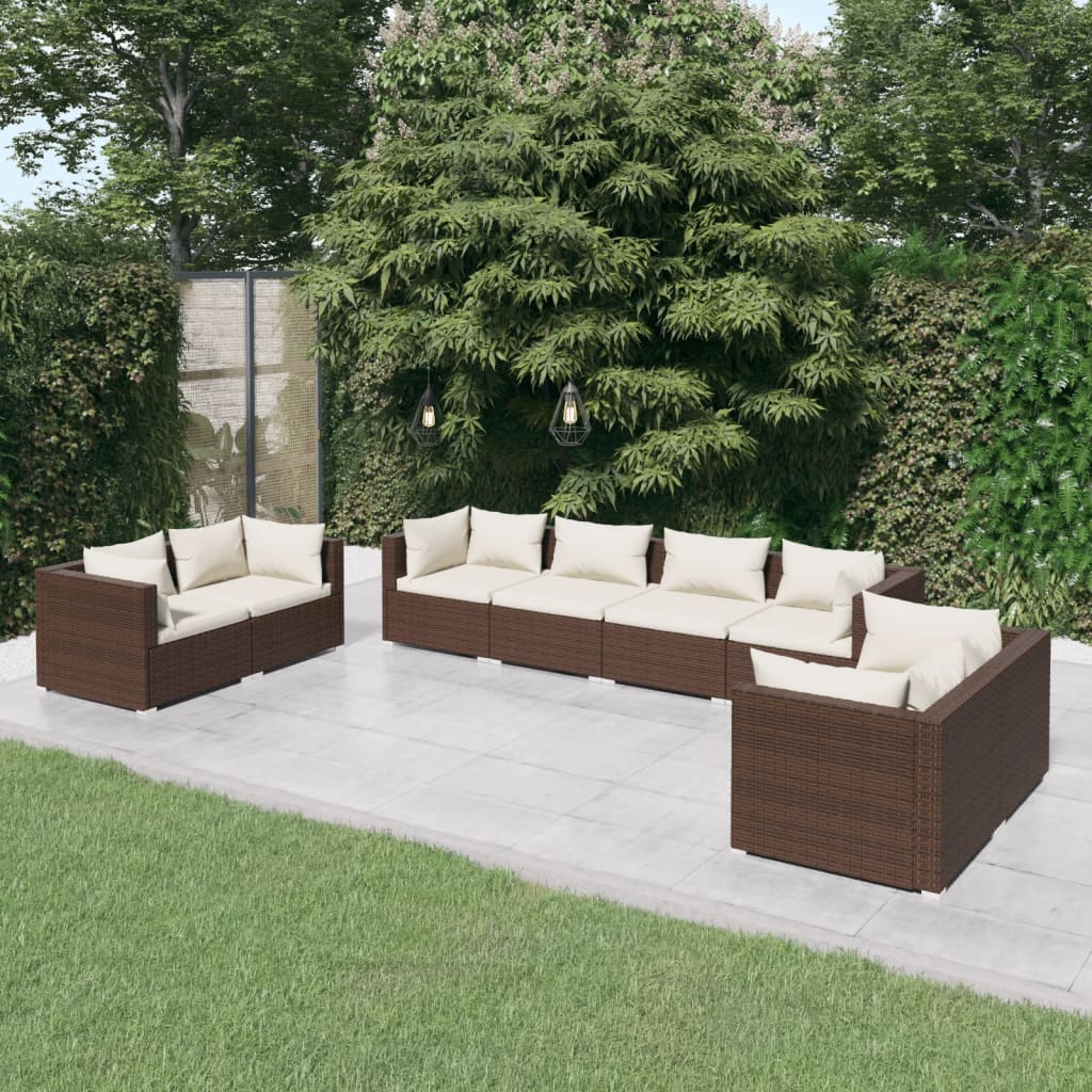 Salon de jardin 8 pcs avec coussins Résine tressée Marron