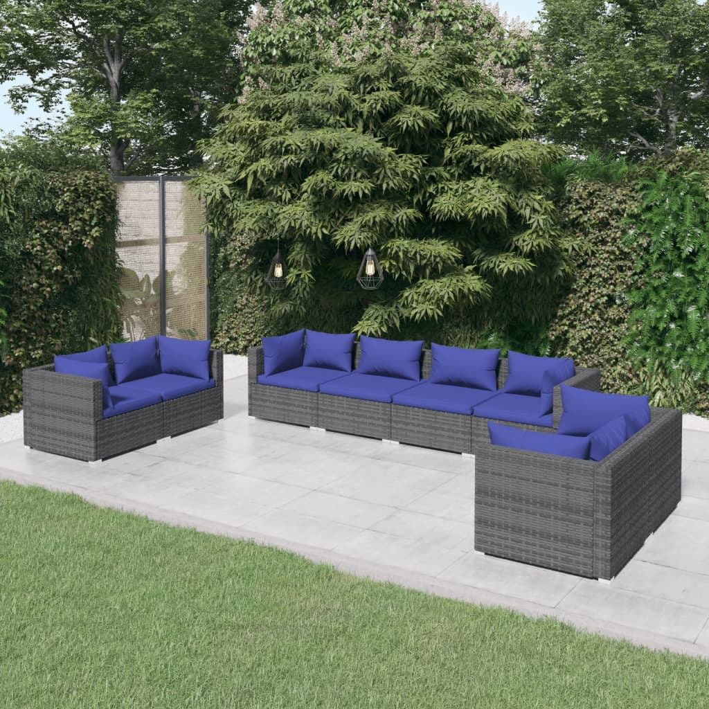 Salon de jardin 8 pcs avec coussins Résine tressée Gris