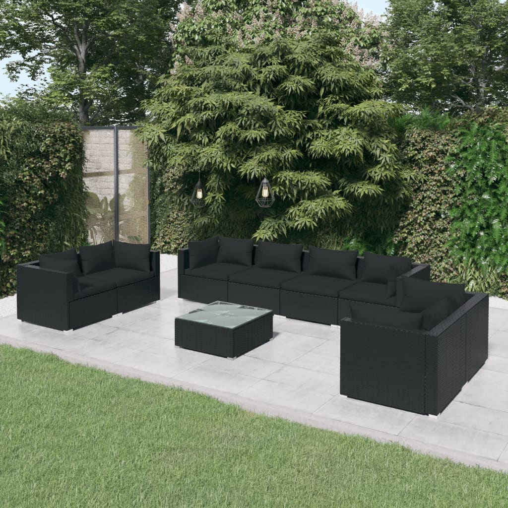 Salon de jardin 9 pcs avec coussins Résine tressée Noir