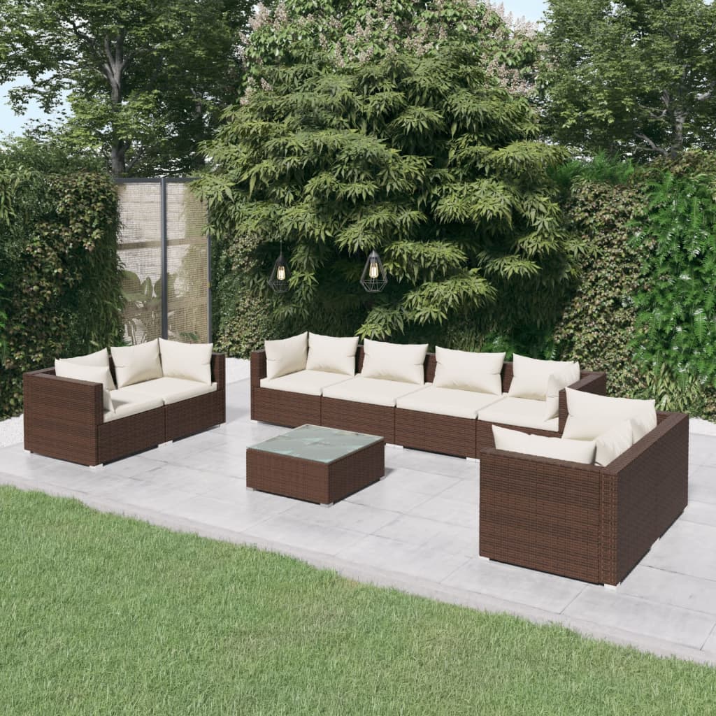 9 pcs garden furniture with brown braided resin cushions