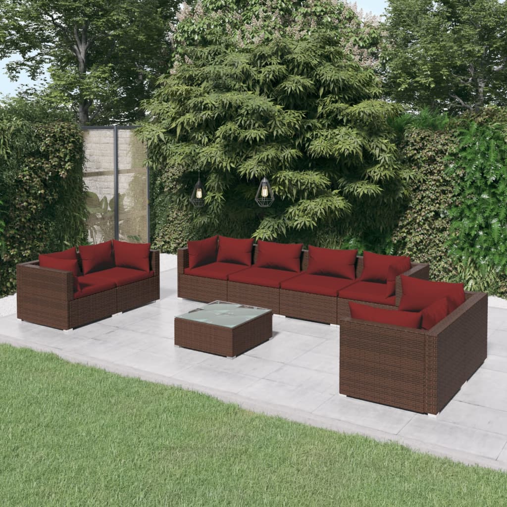 9 pcs garden furniture with brown braided resin cushions