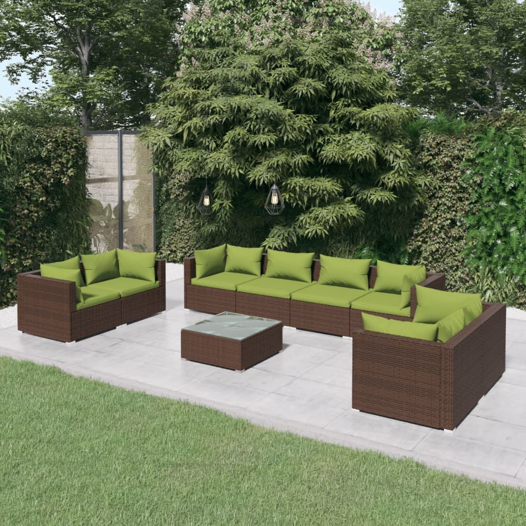 9 pcs garden furniture with brown braided resin cushions