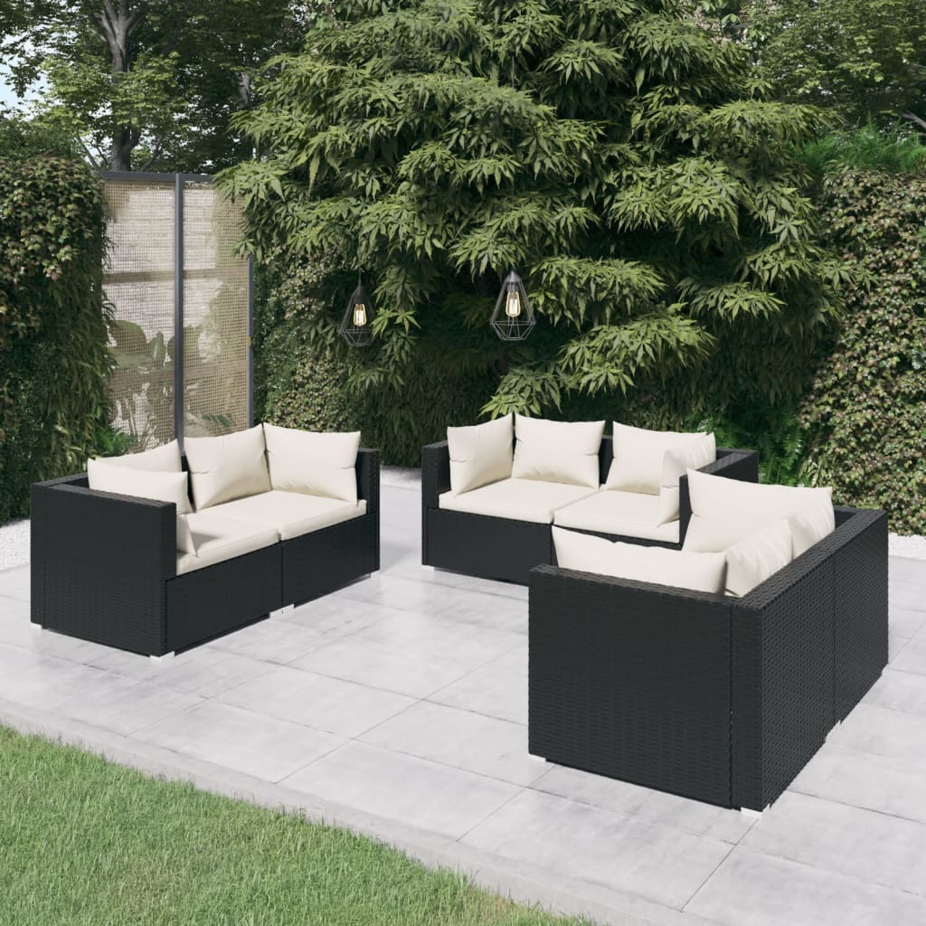 Salon de jardin 6 pcs avec coussins Résine tressée Noir