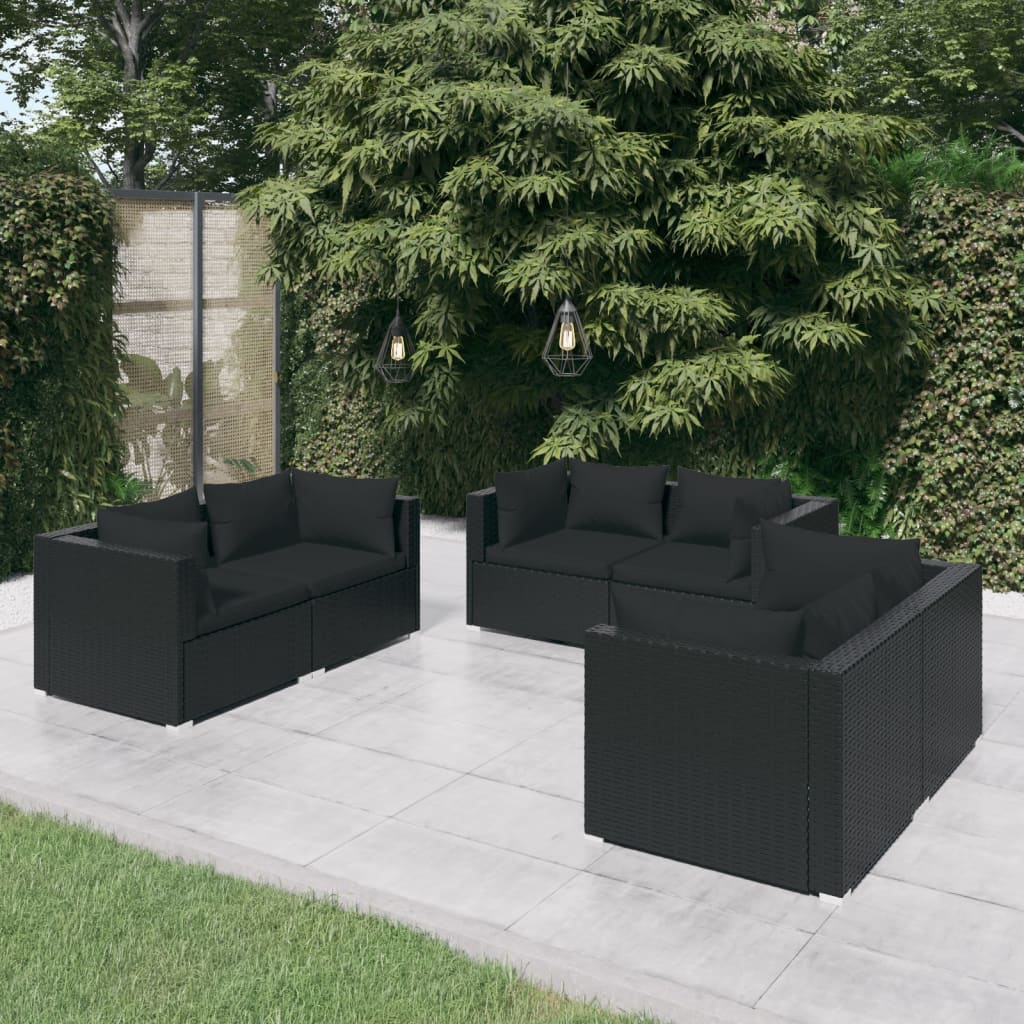 Salon de jardin 6 pcs avec coussins Résine tressée Noir