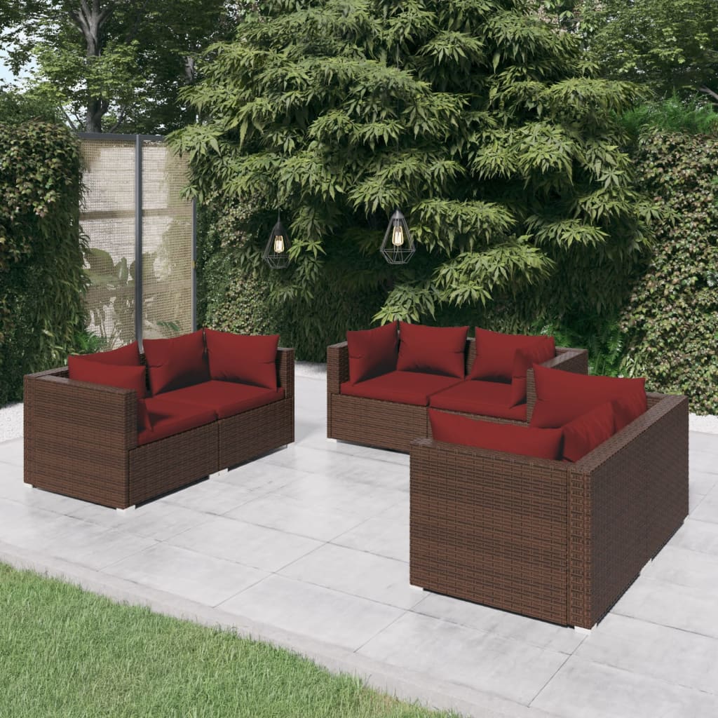 Salon de jardin 6 pcs avec coussins Résine tressée Marron