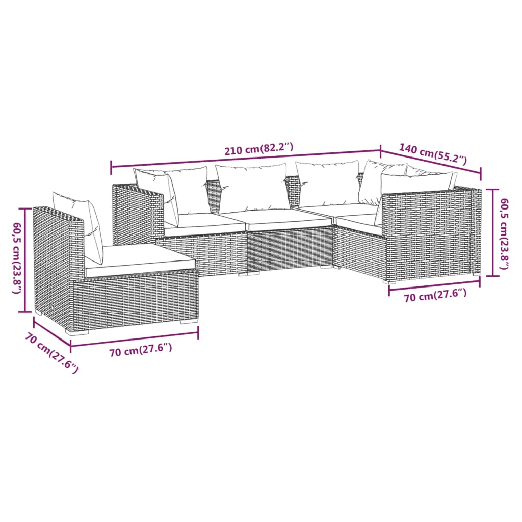 5 PCs Gartenmöbel mit schwarzen geflochtenen Harzkissen