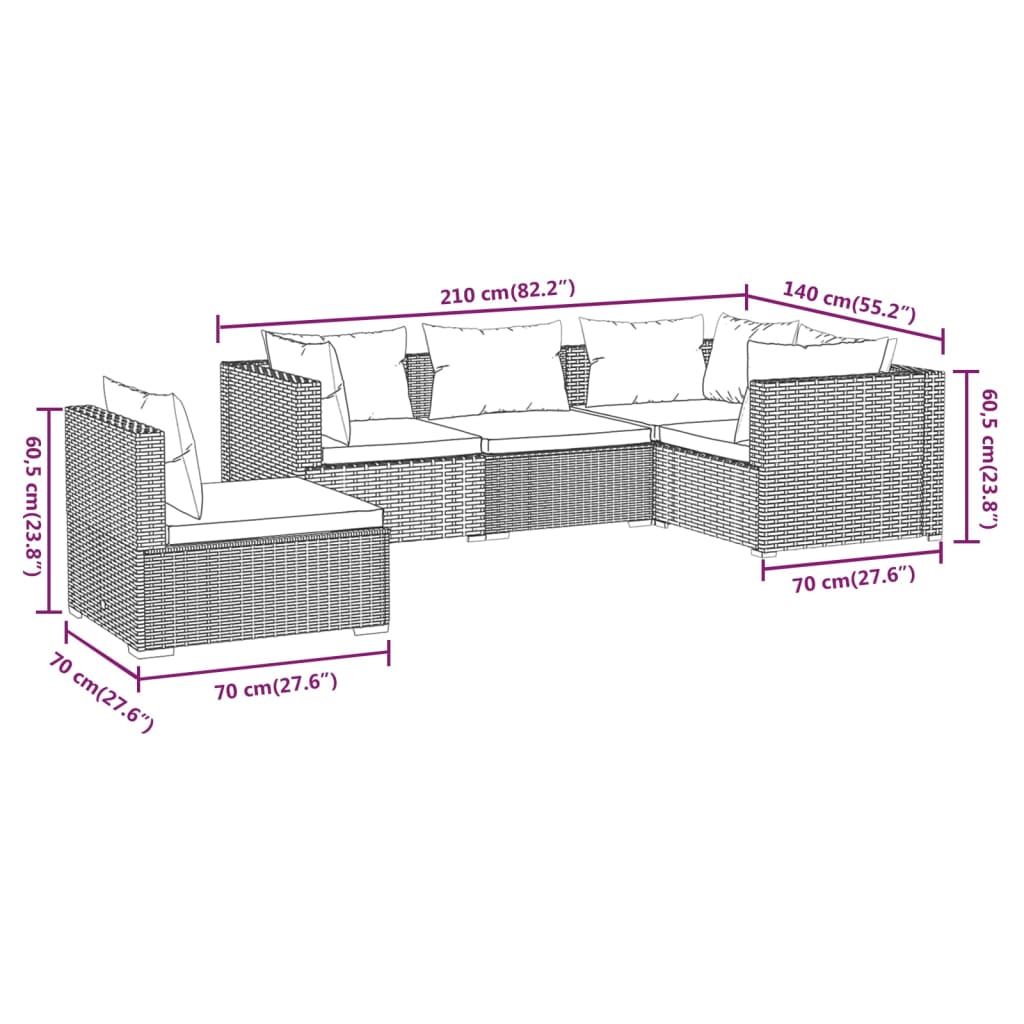 5 Stcs Gartenmöbel mit braun geflochtenen Harzkissen