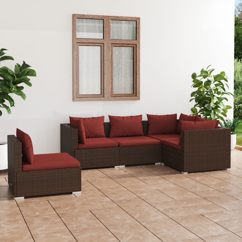 5 pcs garden furniture with brown braided resin cushions