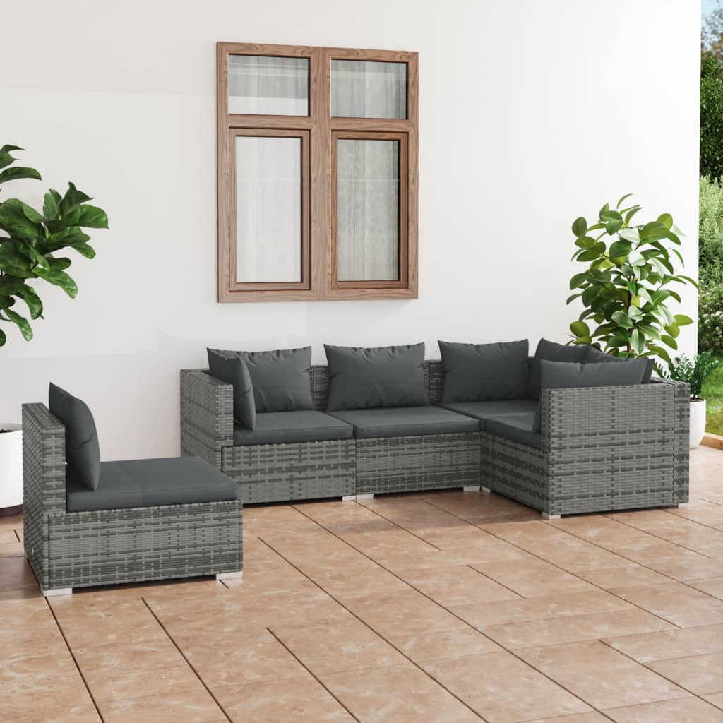 Salon de jardin 5 pcs avec coussins Résine tressée Gris