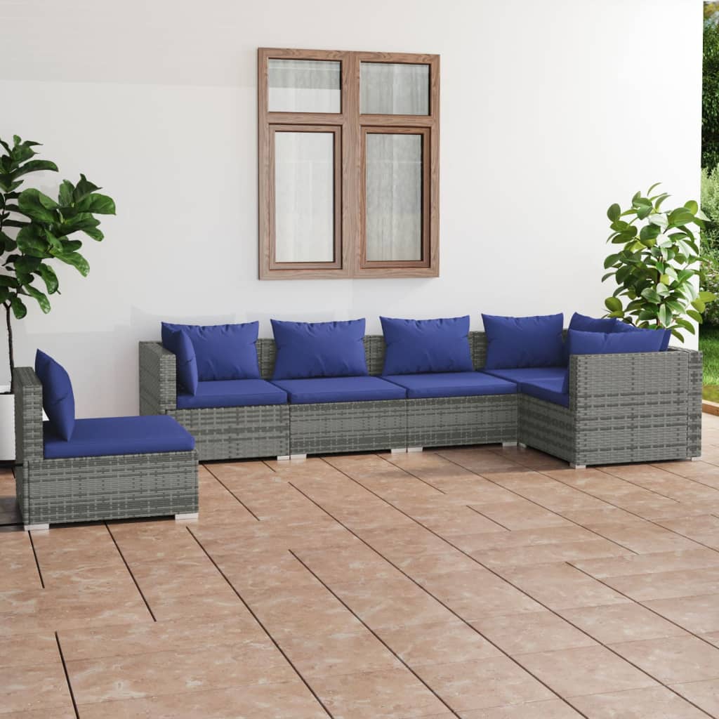 Salon de jardin 6 pcs avec coussins résine tressée gris