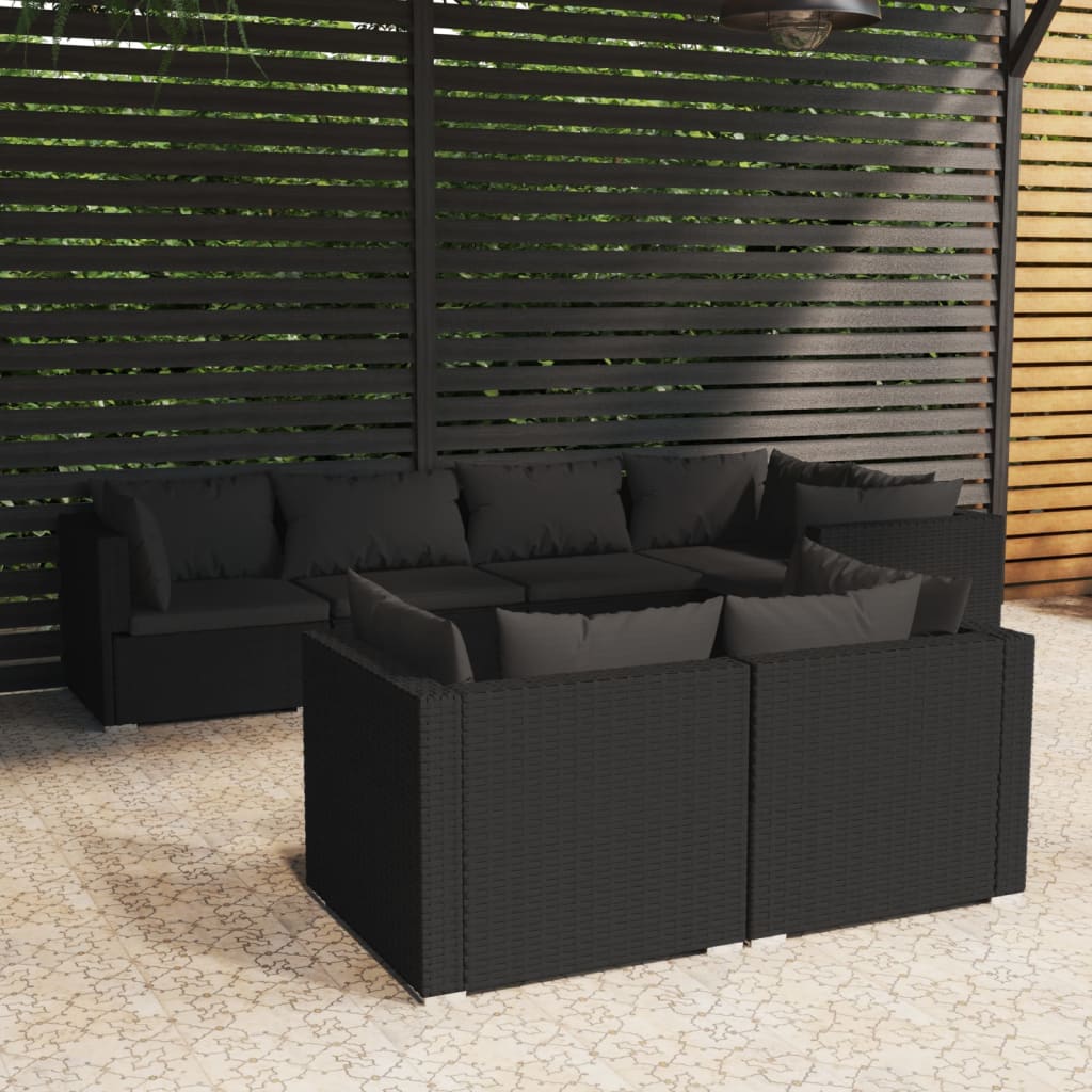 Salon de jardin 7 pcs avec coussins Noir Résine tressée