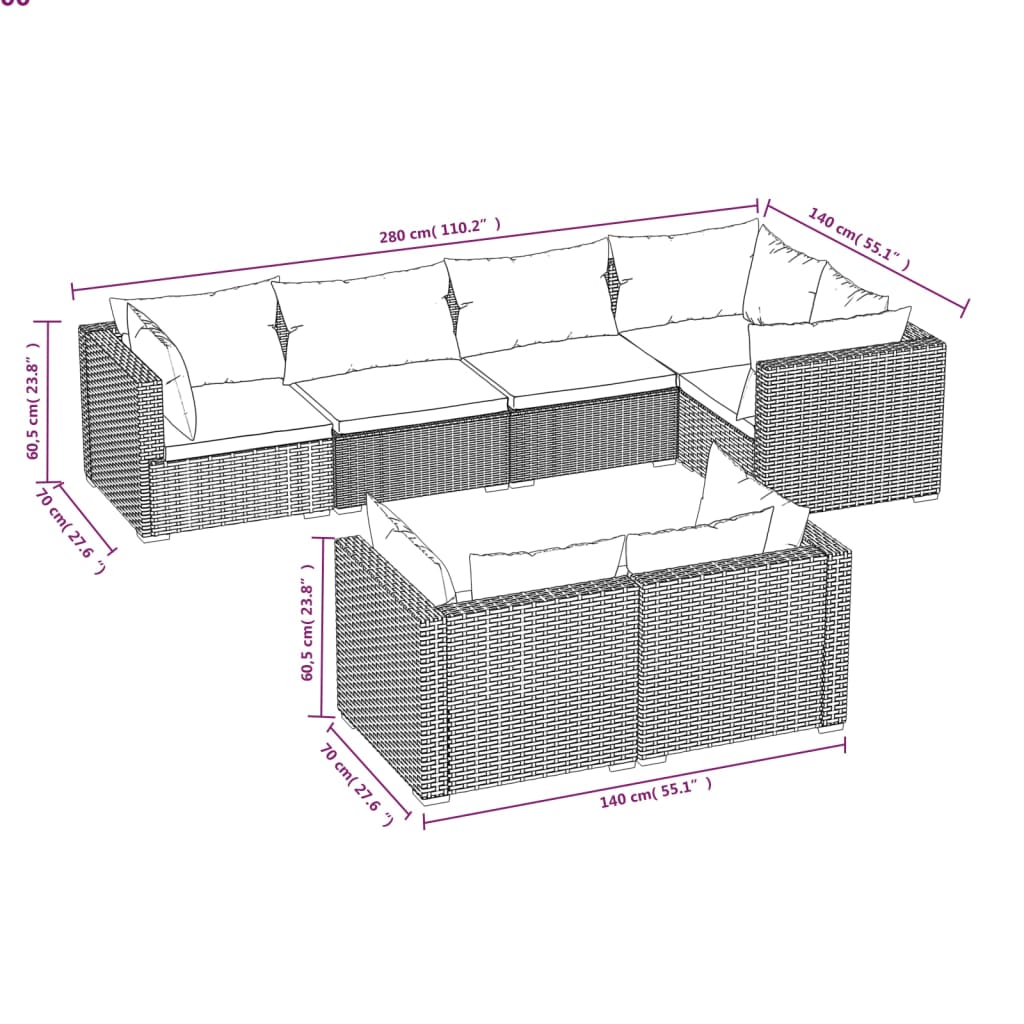 Gartenmöbel 7 Stcs mit schwarzen geflochtenen Harzkissen