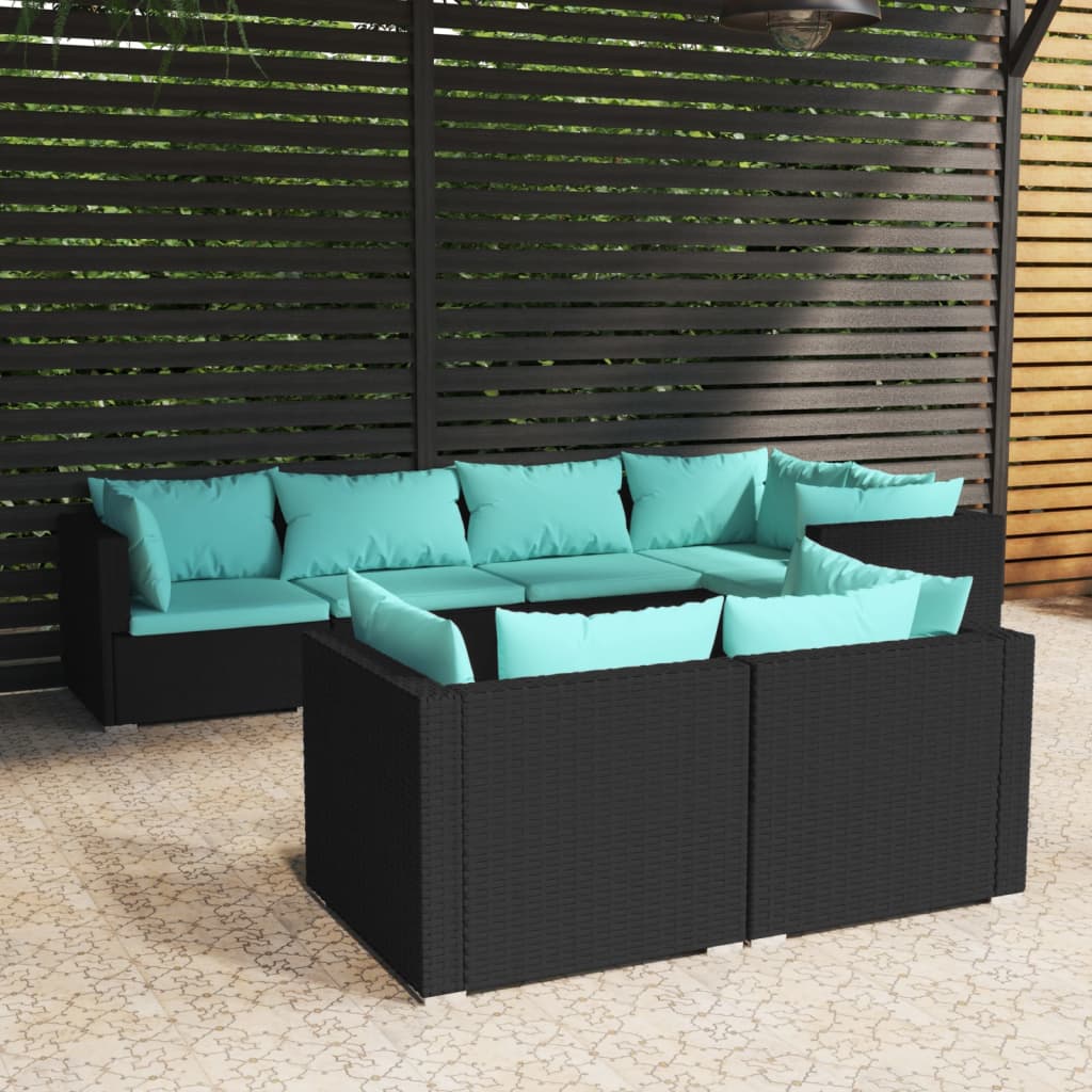 Salon de jardin 7 pcs avec coussins Noir Résine tressée