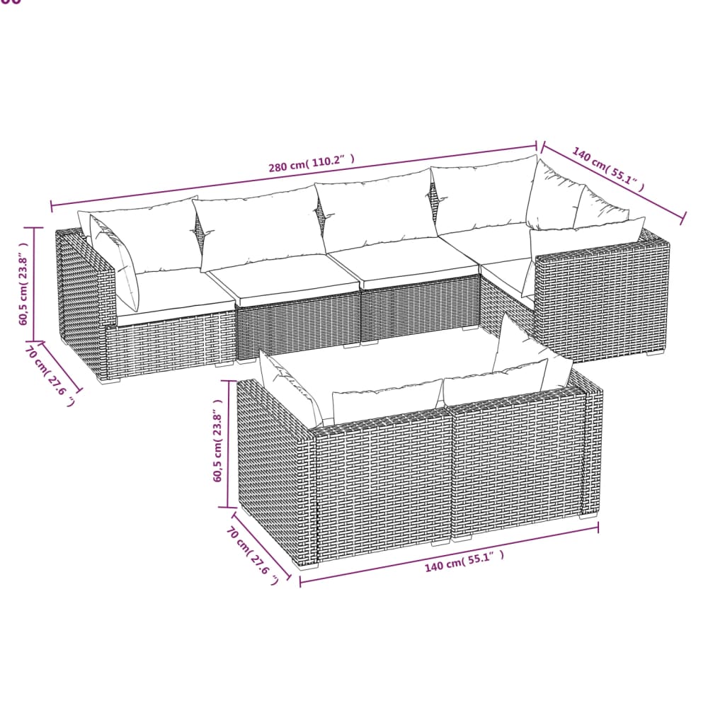 7 Stcs Gartenmöbel mit geflochtenen braunen Harzkissen