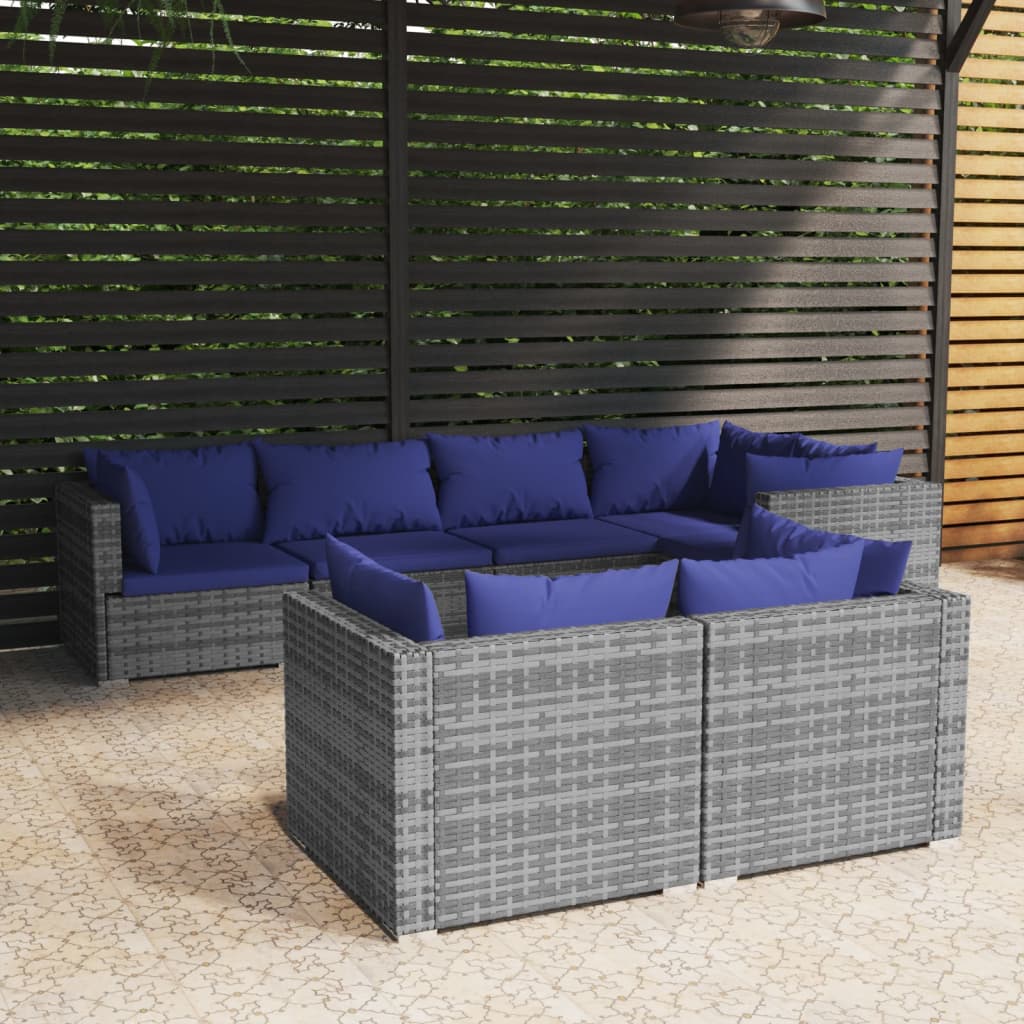 Salon de jardin 7 pcs avec coussins Gris Résine tressée