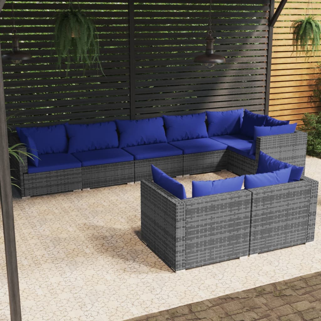 Salon de jardin 8 pcs avec coussins Gris Résine tressée