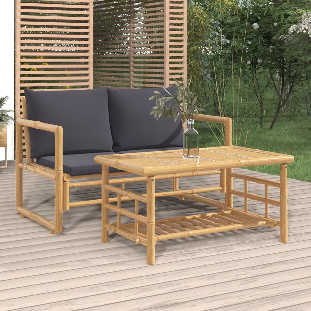 Salon de jardin 2 pcs avec coussins gris foncé bambou