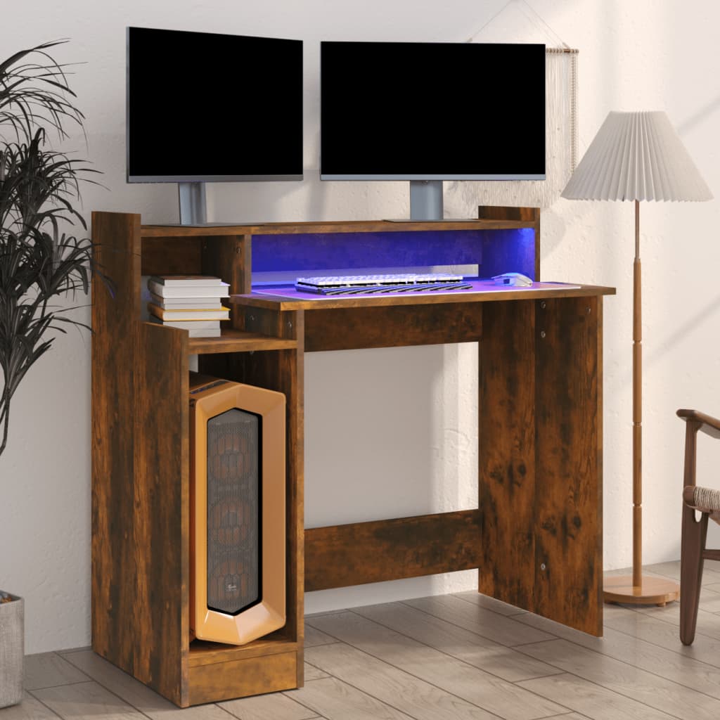 Desk and lights LED smoked oak 97x45x90 cm Engineering wood