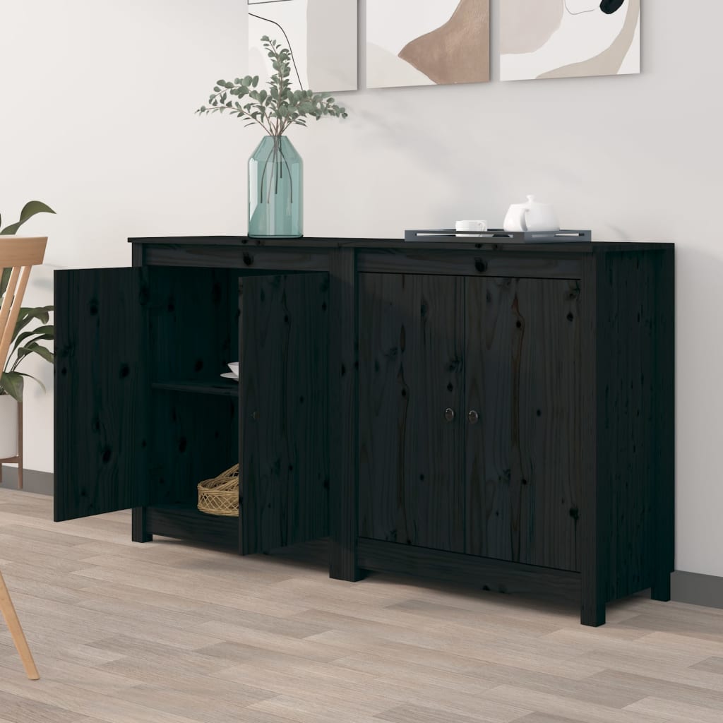 Buffets 2 pcs Noir 70x35x80 cm Bois massif de pin