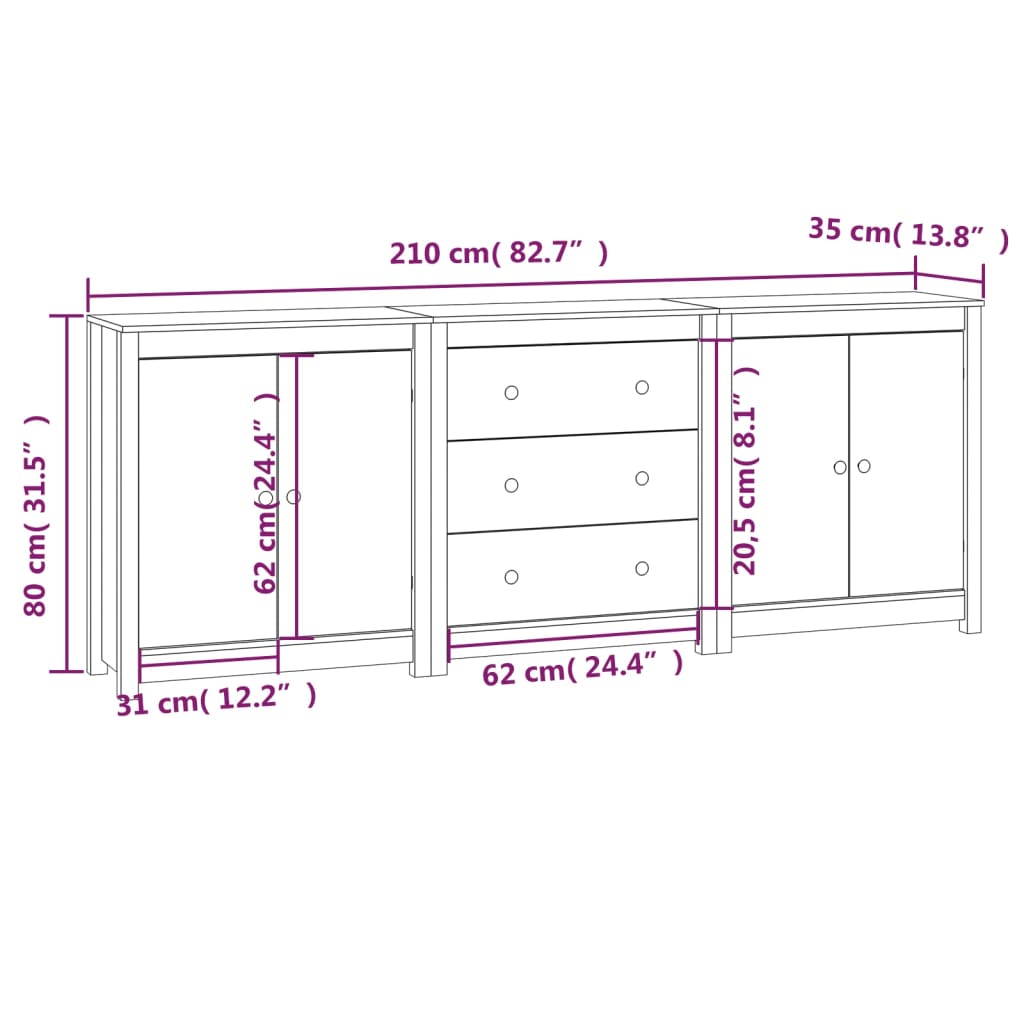 Weißes Buffet 210x35x80 cm Festkieferholz