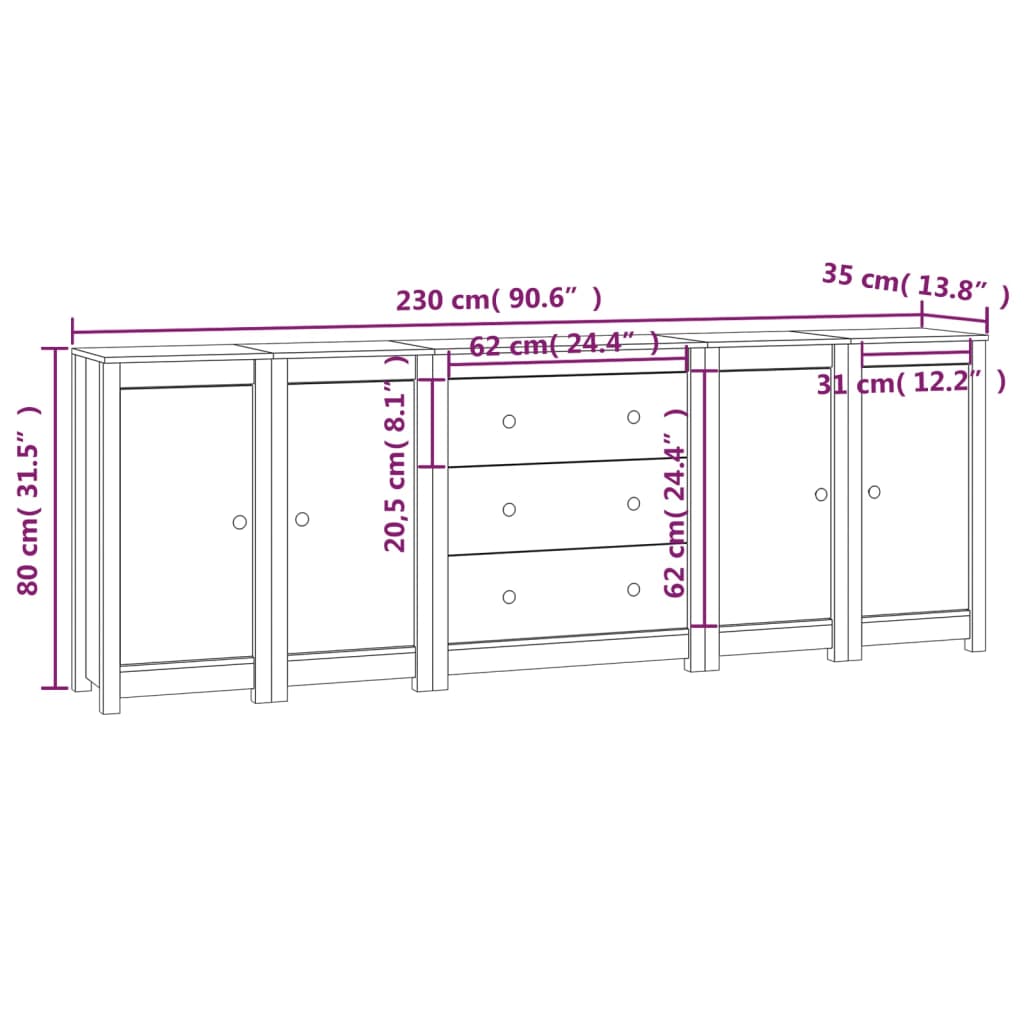 Credenza 230x35x80 cm Legno di pino massiccio