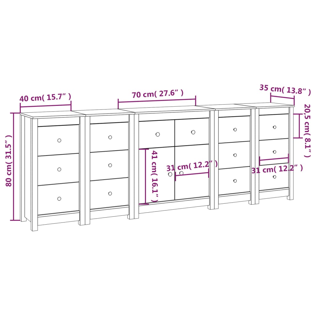 Weißes Buffet 230x35x80 cm Festkieferholz