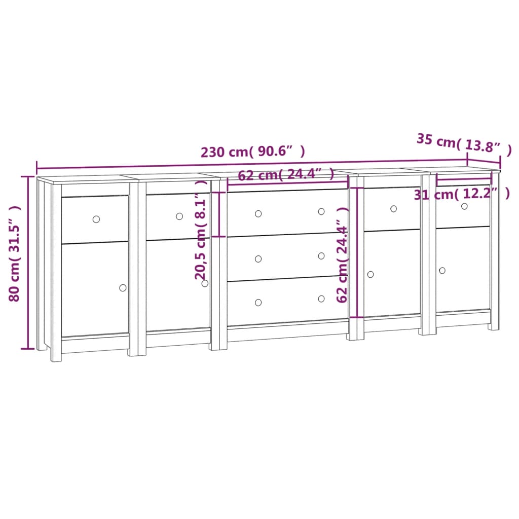 Credenza bianca 230x35x80 cm Legno di pino massiccio