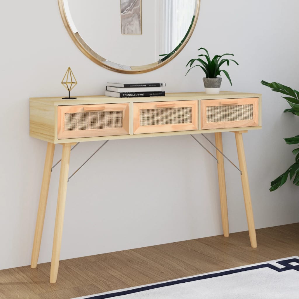 Brown console table 105x30x75cm solid wood pine /natural rattin