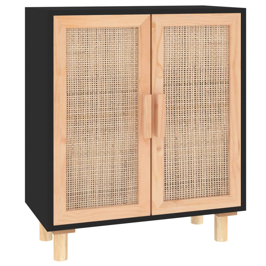 Black buffet 60x30x70 cm solid pine wood and natural rattan