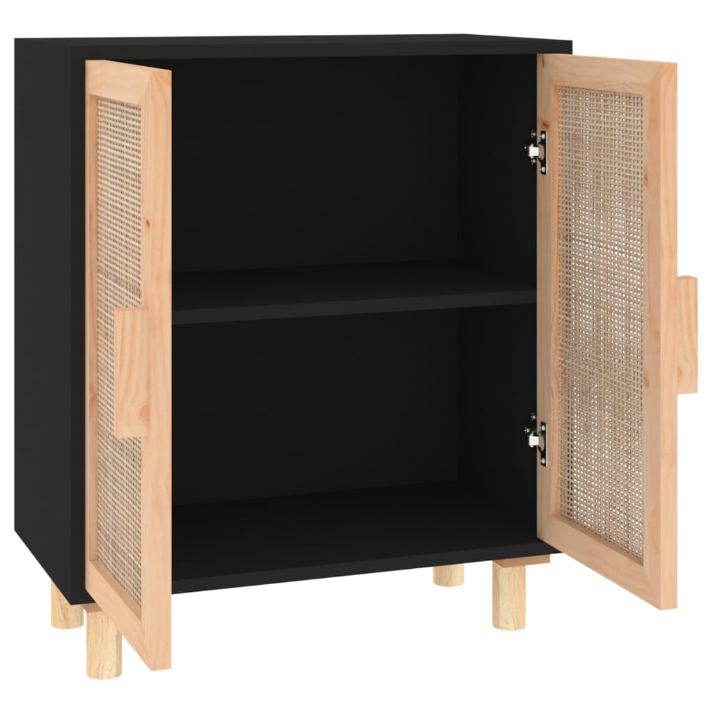 Buffet nero 60x30x70 cm in legno di pino solido e rattan naturale