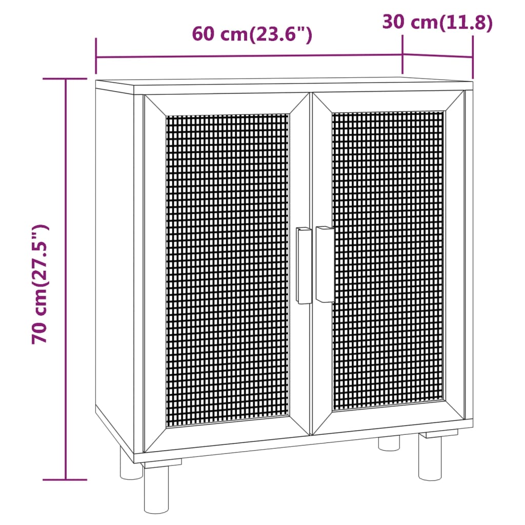 Black buffet 60x30x70 cm solid pine wood and natural rattan