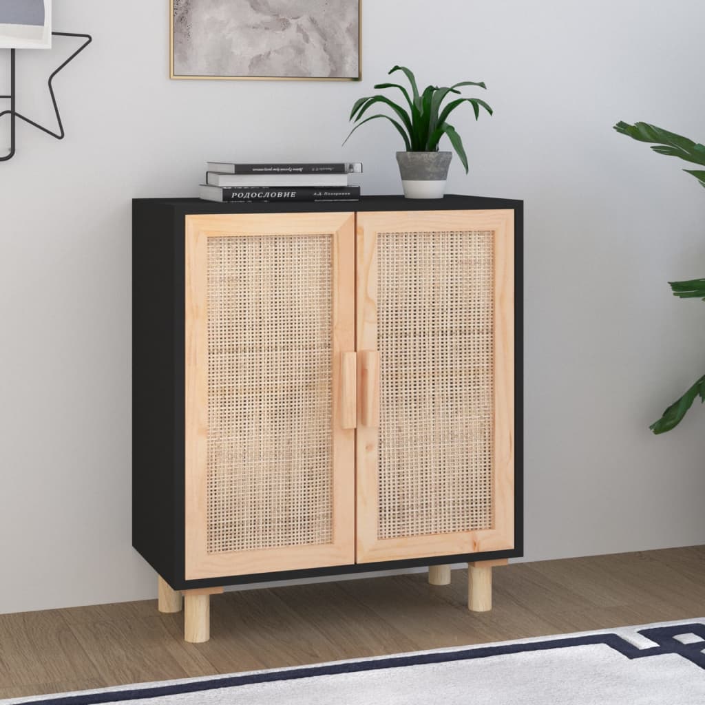 Black buffet 60x30x70 cm solid pine wood and natural rattan