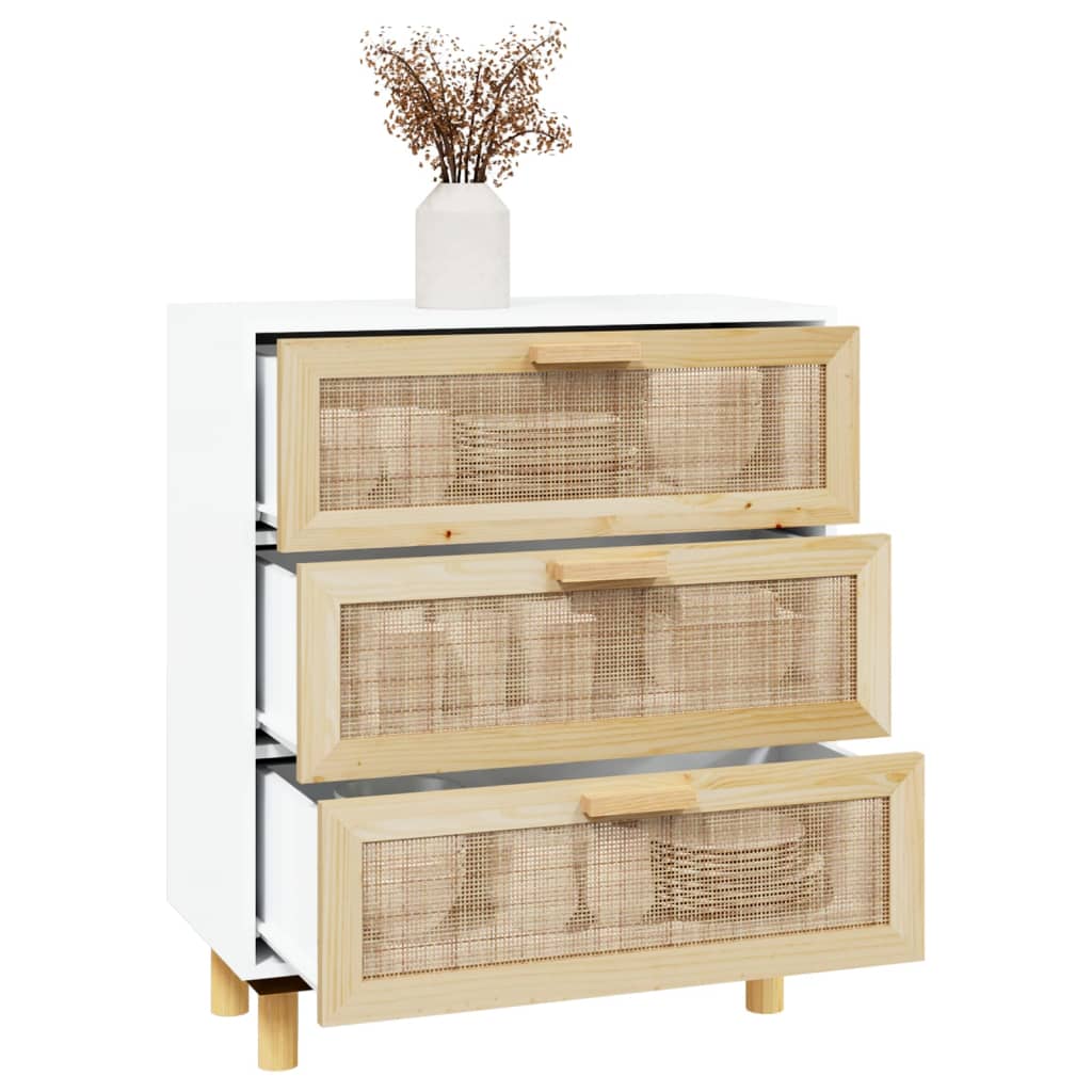 White buffet 60x30x70 cm solid pine wood and natural rattan