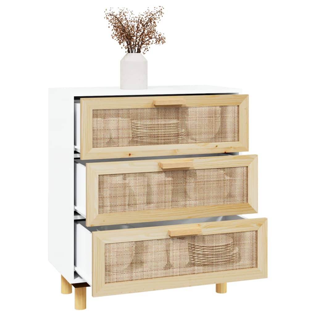 Weißes Buffet 60x30x70 cm Festkieferholz und natürliches Rattan