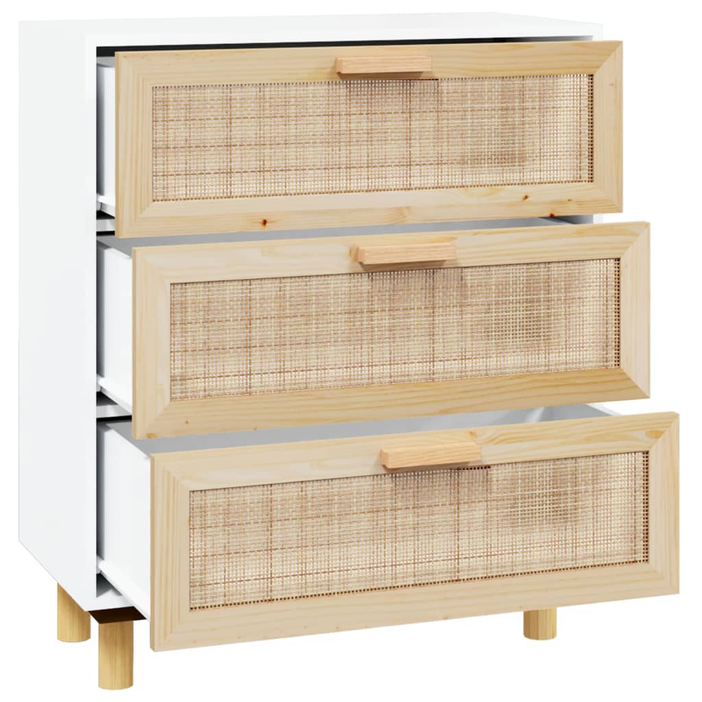 Weißes Buffet 60x30x70 cm Festkieferholz und natürliches Rattan