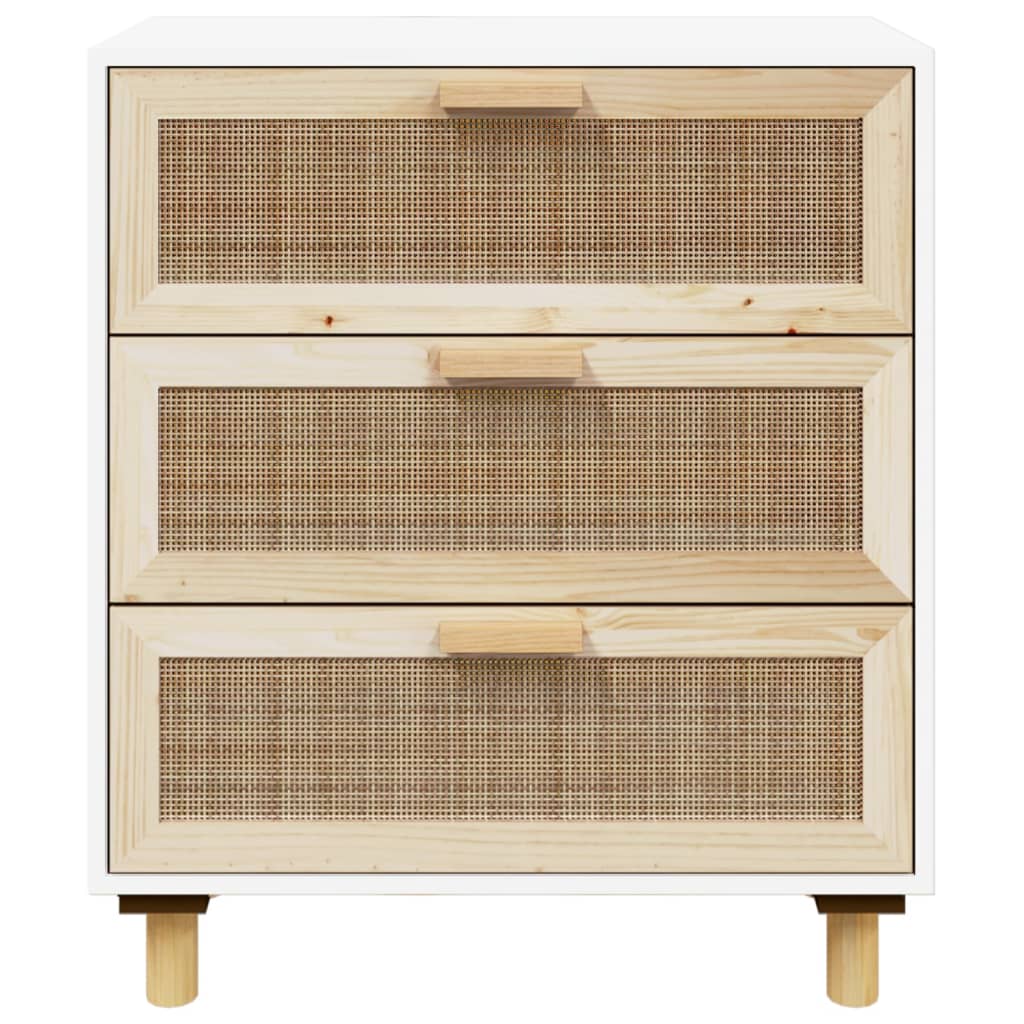 Buffet Blanc 60x30x70 cm Bois de pin massif et rotin naturel