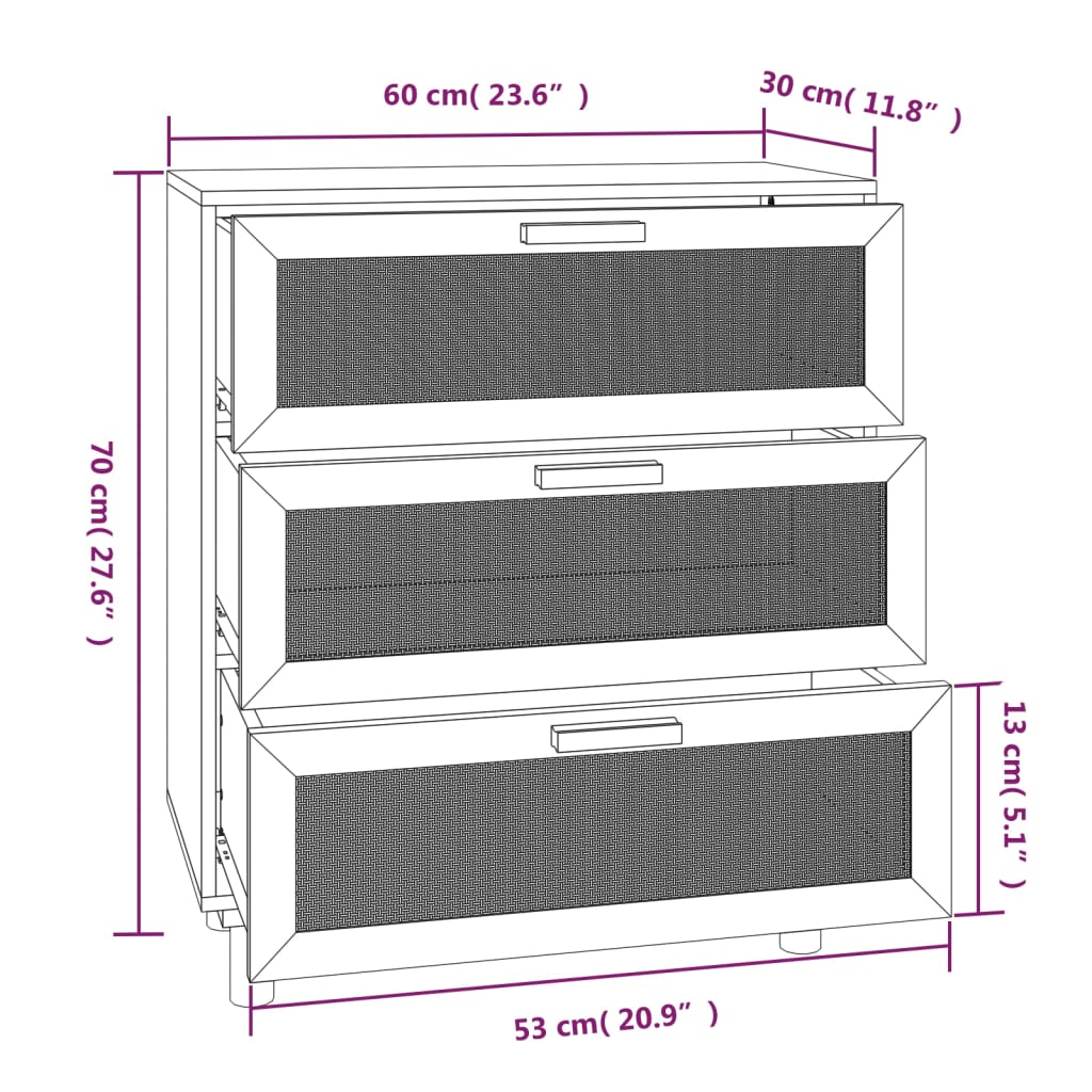 Buffet bianco 60x30x70 cm in legno di pino solido e rattan naturale